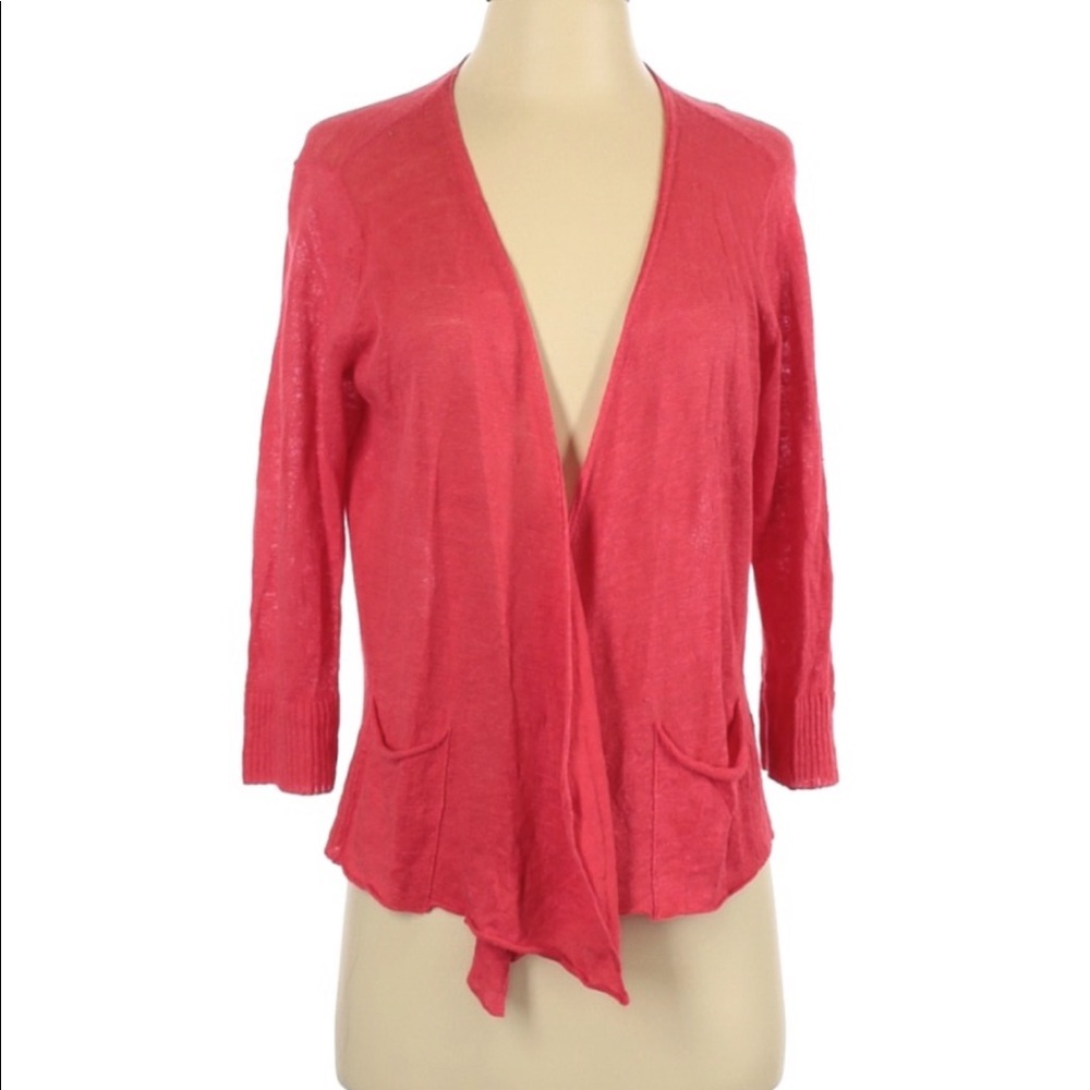 Eileen Fisher Coral Red Pink Linen Open Front Lightweight Cardigan Womens Small